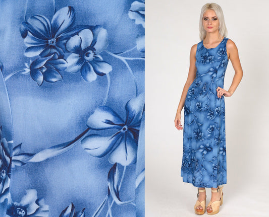 90s Blue Floral Sheath Dress Sleeveless Ankle Length Extra Small