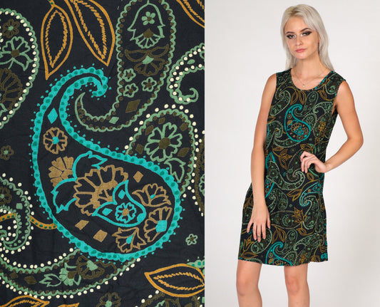 90s Paisley Mini Shift Dress Sleeveless Black Green Medium