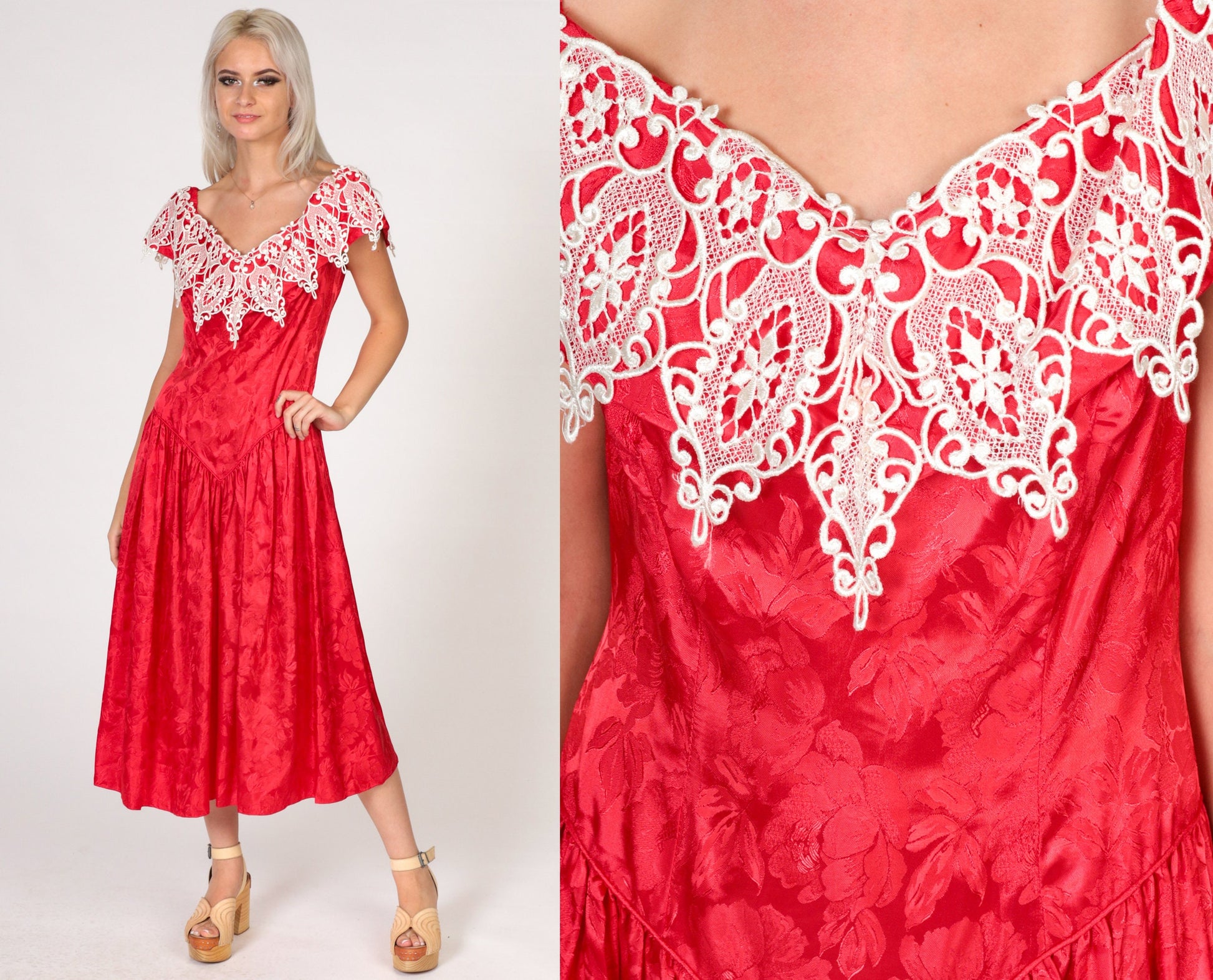 80s Red Floral Embossed Off-Shoulder Dress White Lace Basque Waist Midi Medium