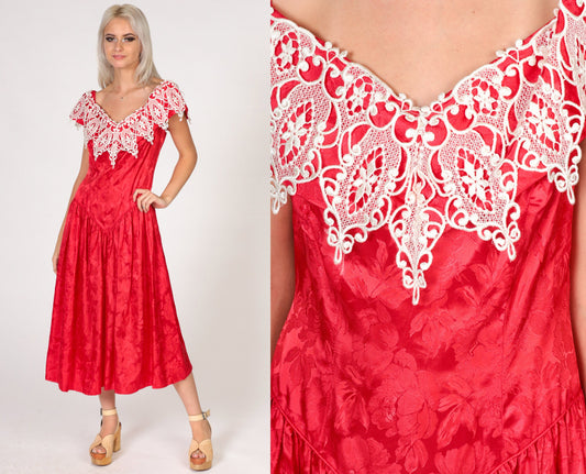80s Red Floral Embossed Off-Shoulder Dress White Lace Basque Waist Midi Medium