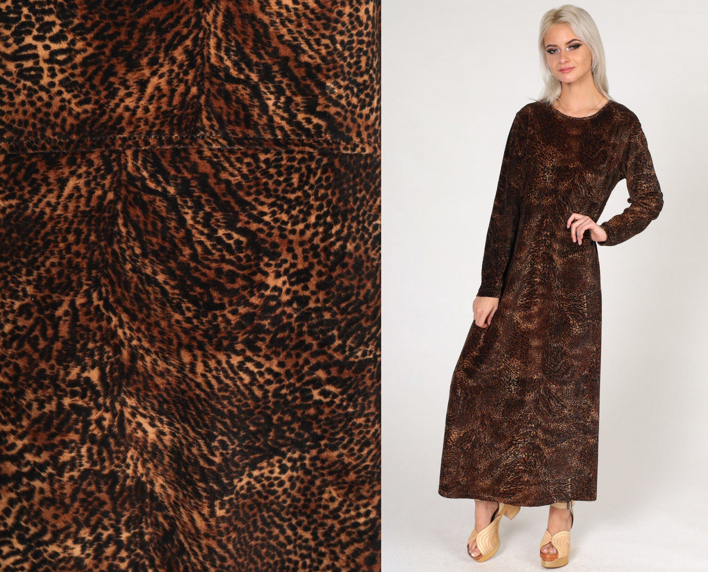 Y2K Jones New York Leopard Print Velour Midi Dress Long Sleeve Large