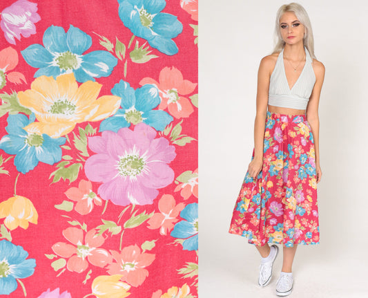 80s Byer California Floral Midi Skirt Red High-Waist Cotton Blend Extra Small