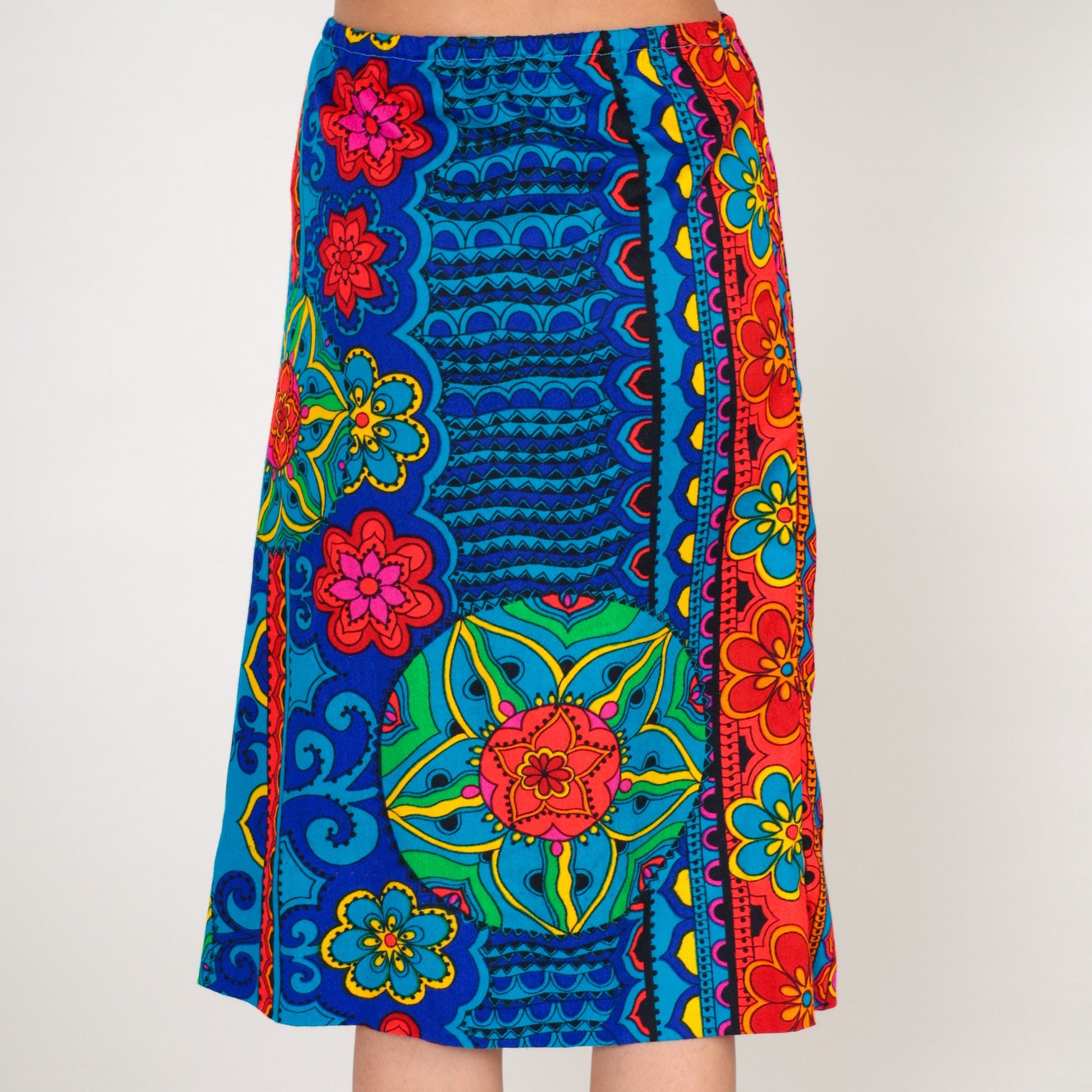 70s Floral Midi Skirt High Waist Blue Orange Striped Plus Size XL
