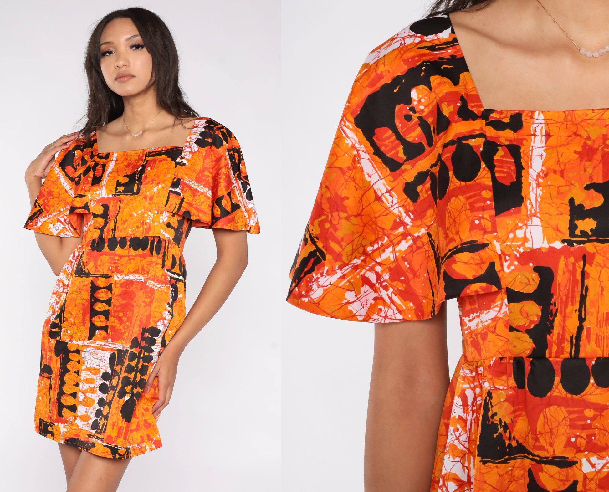 70s Hilo Hattie Hawaiian Mini Dress Orange Tropical Empire Waist Small