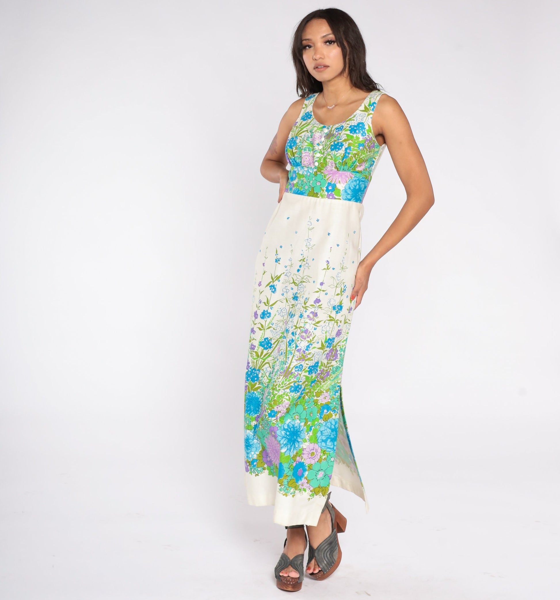 70s Floral Maxi Dress White Empire Waist Sleeveless Side Slit Extra Small
