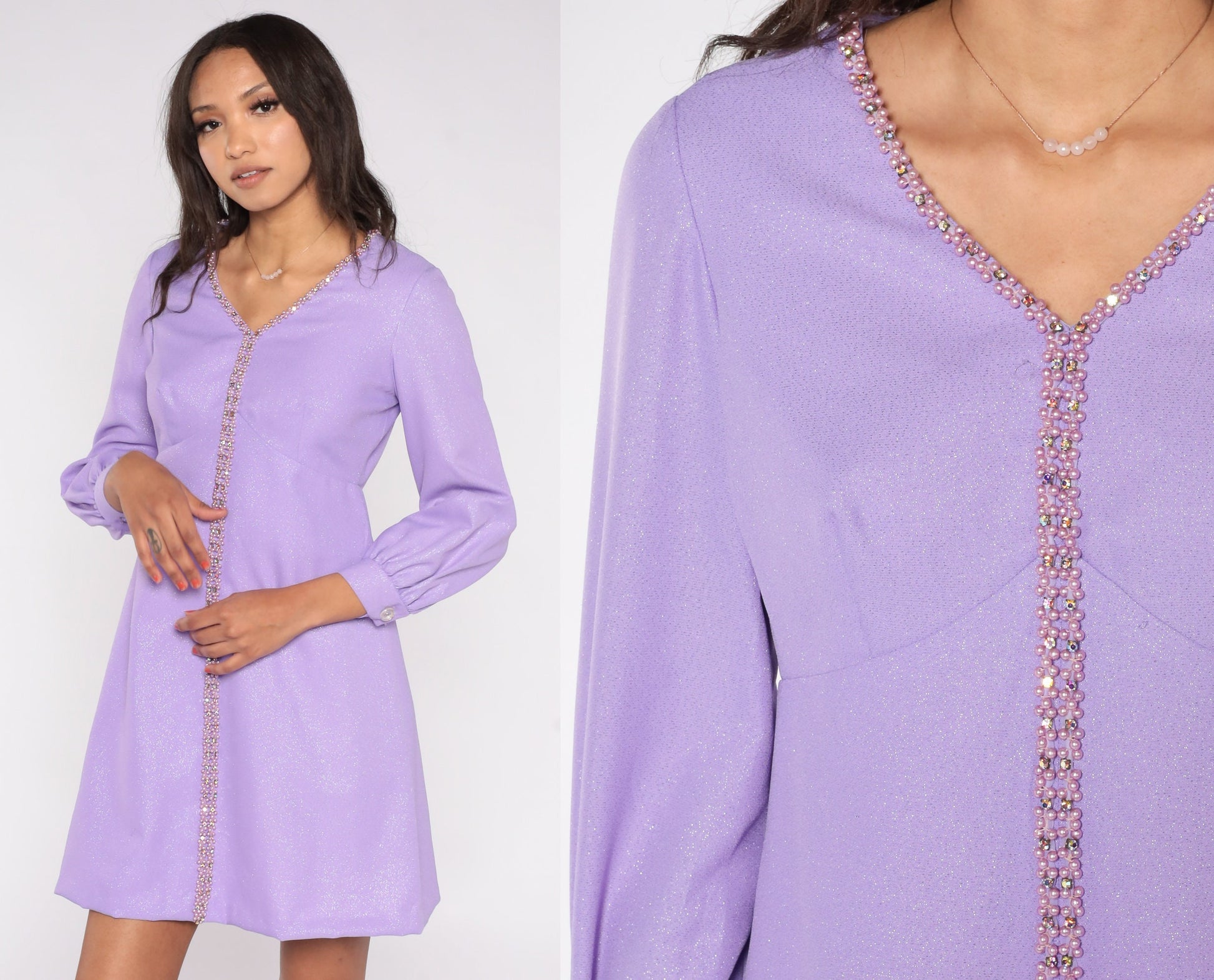 70s Metallic Purple Mini Dress Beaded Empire Waist Long Sleeve Small