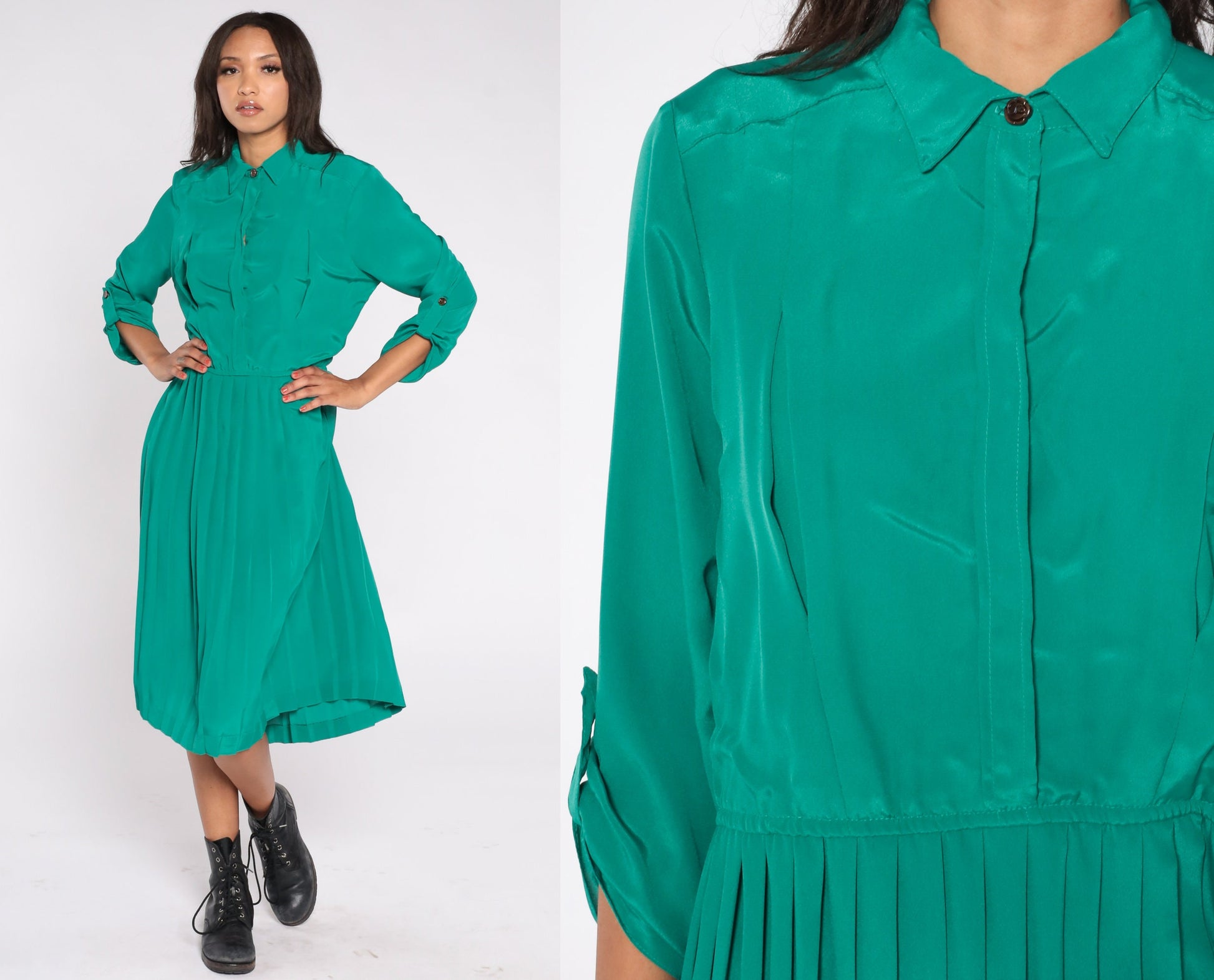 80s Green Satin Shirtdress Pleated High Waist Button-Up Midi Large