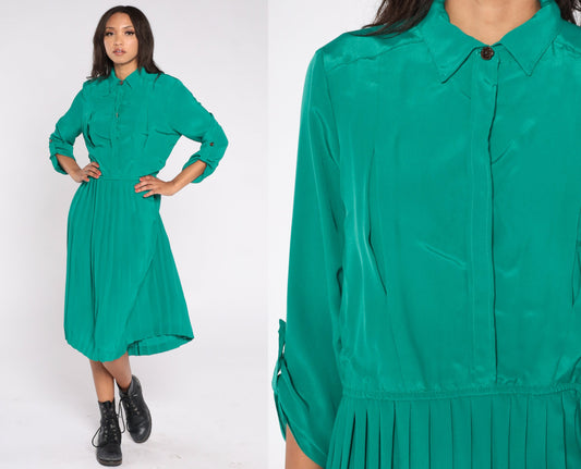 80s Green Satin Shirtdress Pleated High Waist Button-Up Midi Large