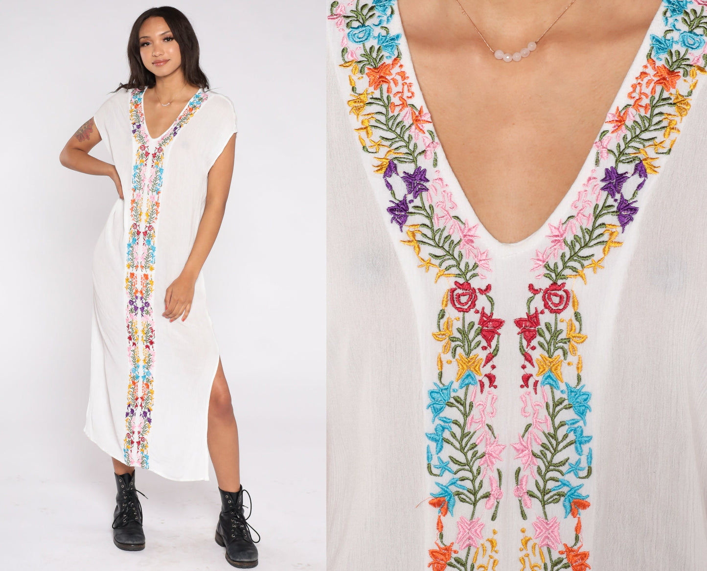 Y2K White Floral Embroidered Midi Dress Cap Sleeve V-Neck Side Slit Medium