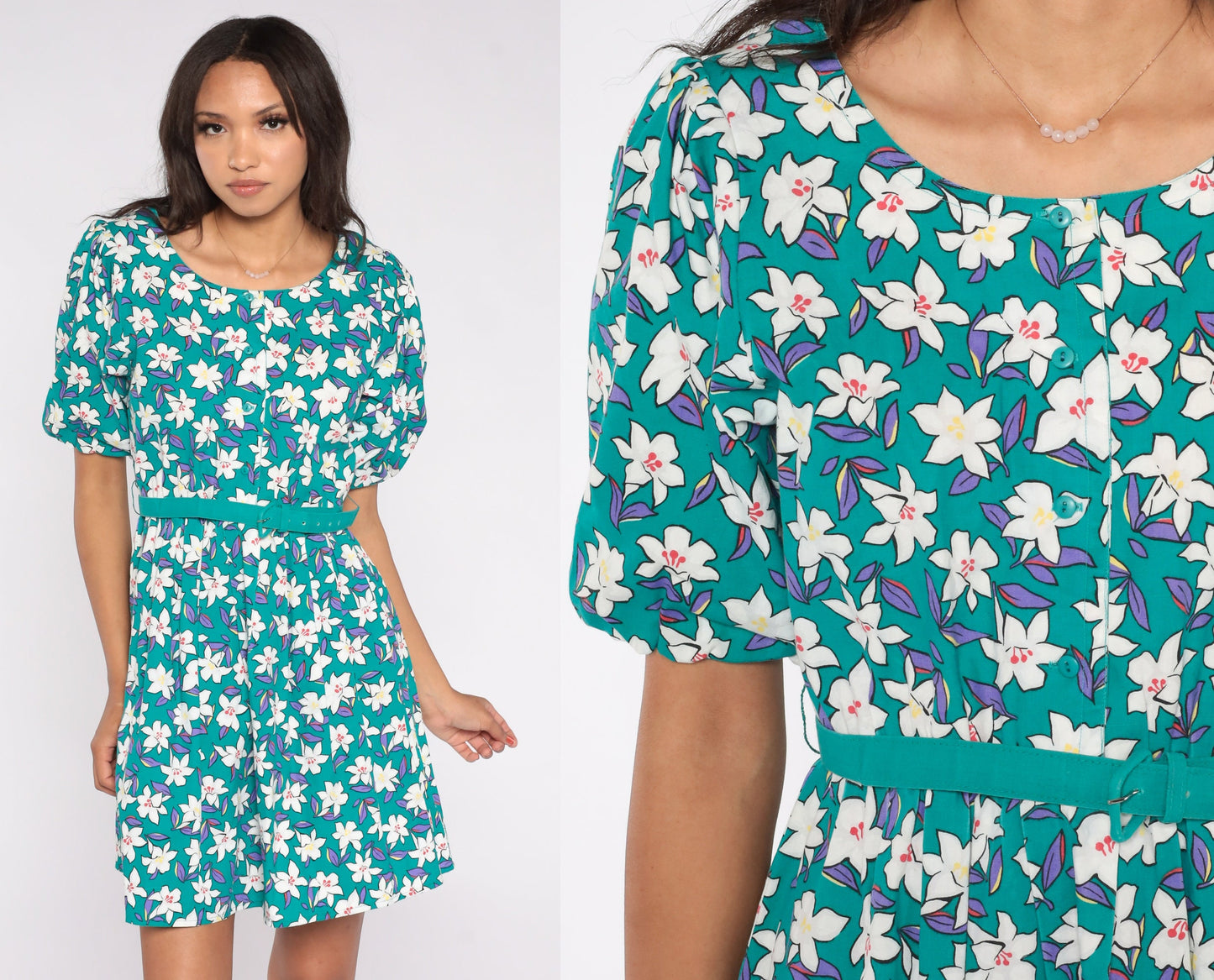 80s Petite by Willi Floral Mini Dress Teal Puff Sleeve Button-Up Small