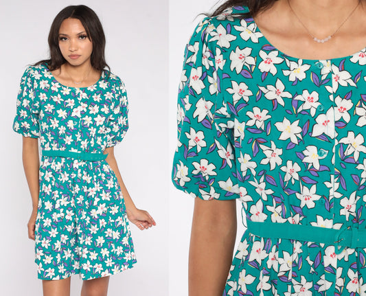 80s Petite by Willi Floral Mini Dress Teal Puff Sleeve Button-Up Small