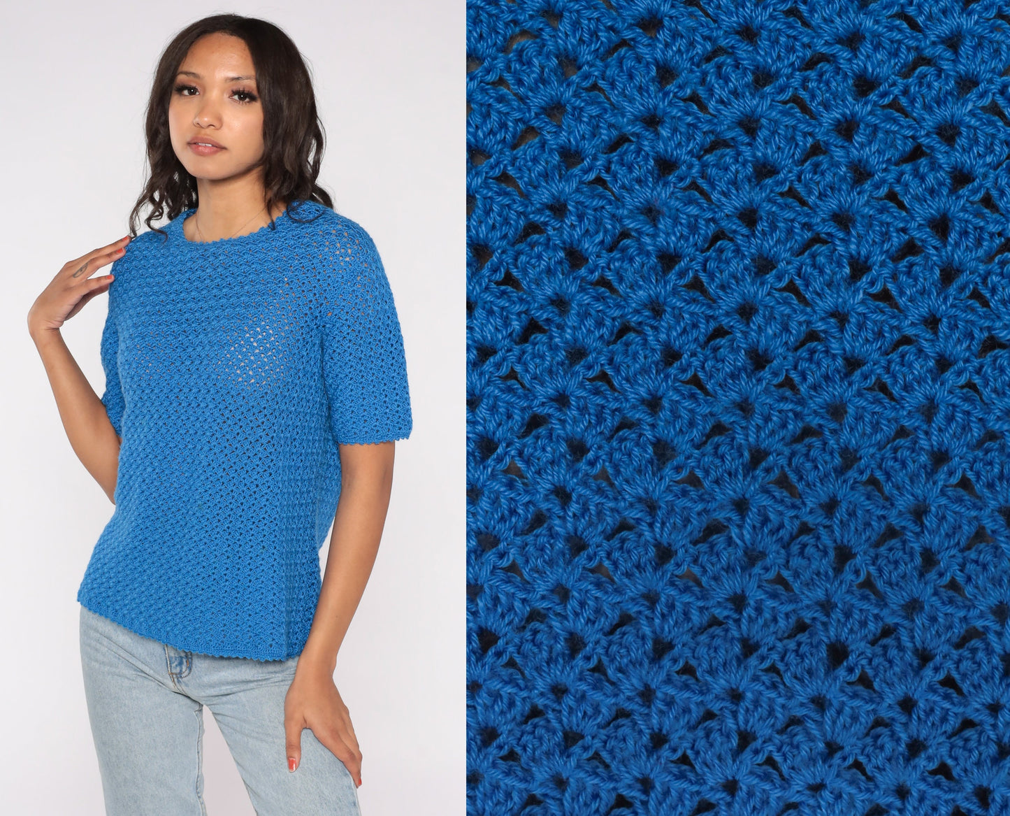70s Blue Crochet Blouse Open Weave Short Sleeve Sheer Top Medium