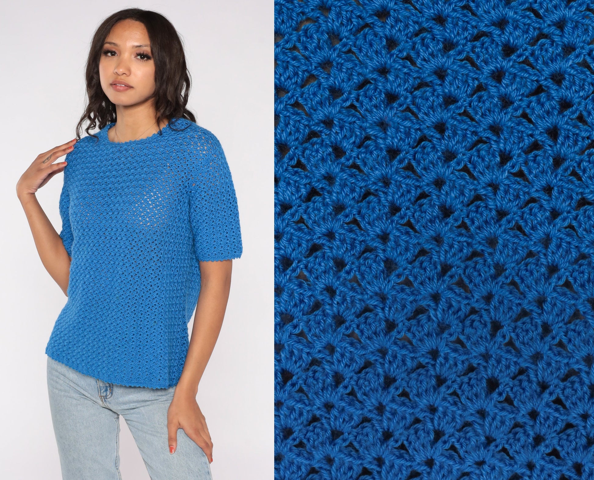70s Blue Crochet Blouse Open Weave Short Sleeve Sheer Top Medium