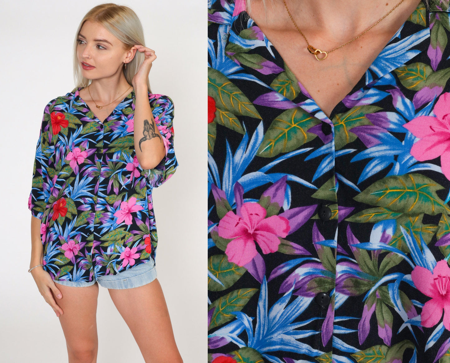 90s Caribou Tropical Hibiscus Button-Up Blouse Black Pink Red Extra Large