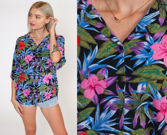 90s Caribou Tropical Hibiscus Button-Up Blouse Black Pink Red Extra Large