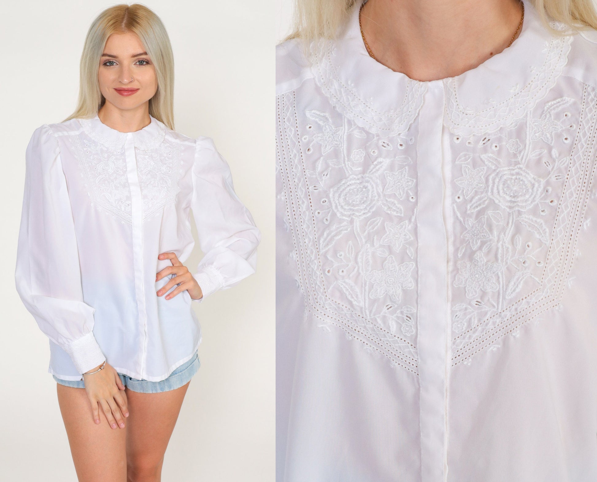 80s White Embroidered Blouse Puff Sleeve Peter Pan Collar Cutout Medium