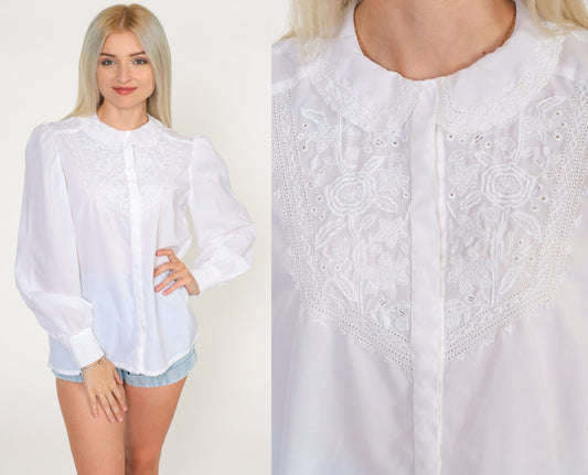 80s White Embroidered Blouse Puff Sleeve Peter Pan Collar Cutout Medium