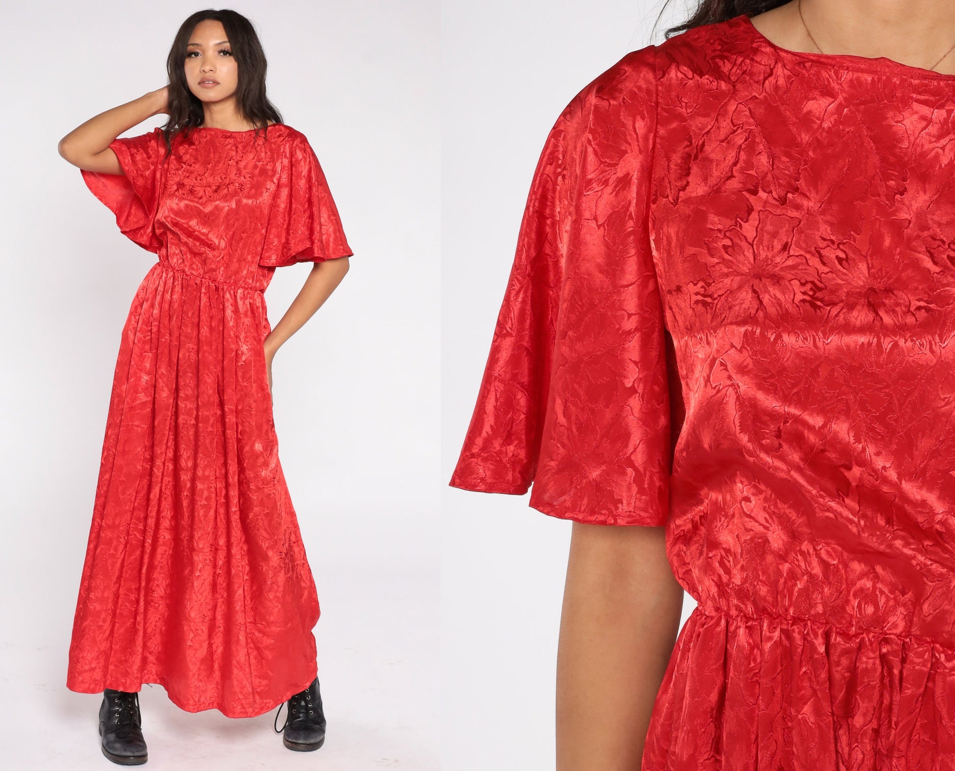70s Red Maxi Dress Flutter Sleeve Embossed Tropical Floral High Waist Small