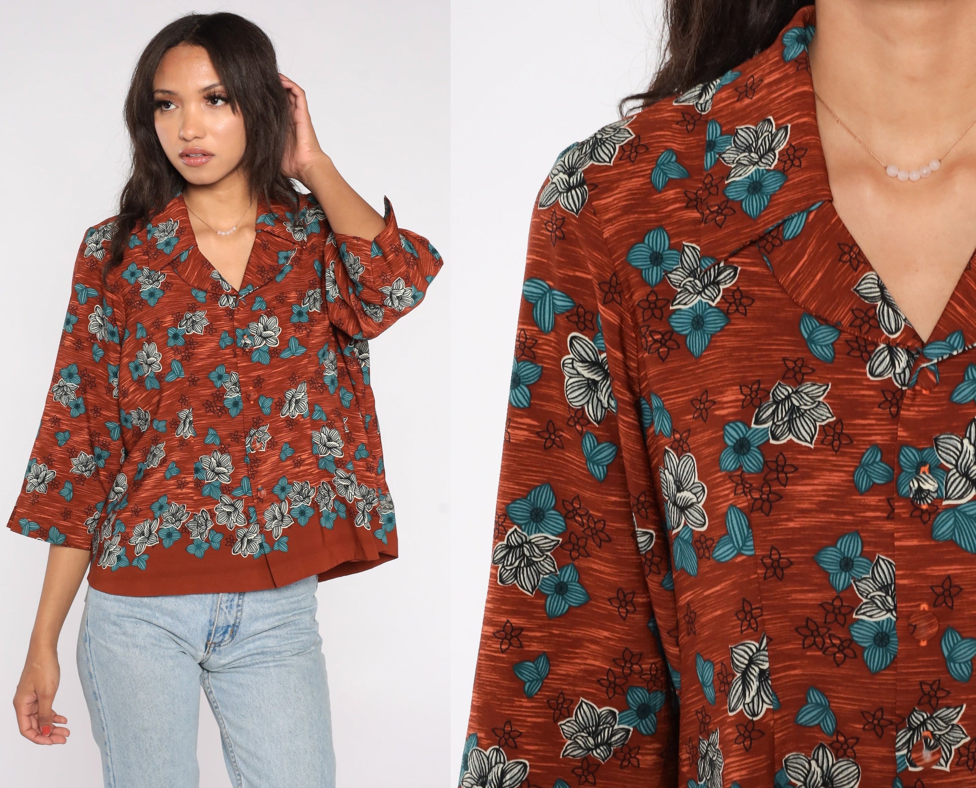 80s Floral Button-Up Blouse Brown Burnt Orange Flower Print 3/4 Sleeve Medium
