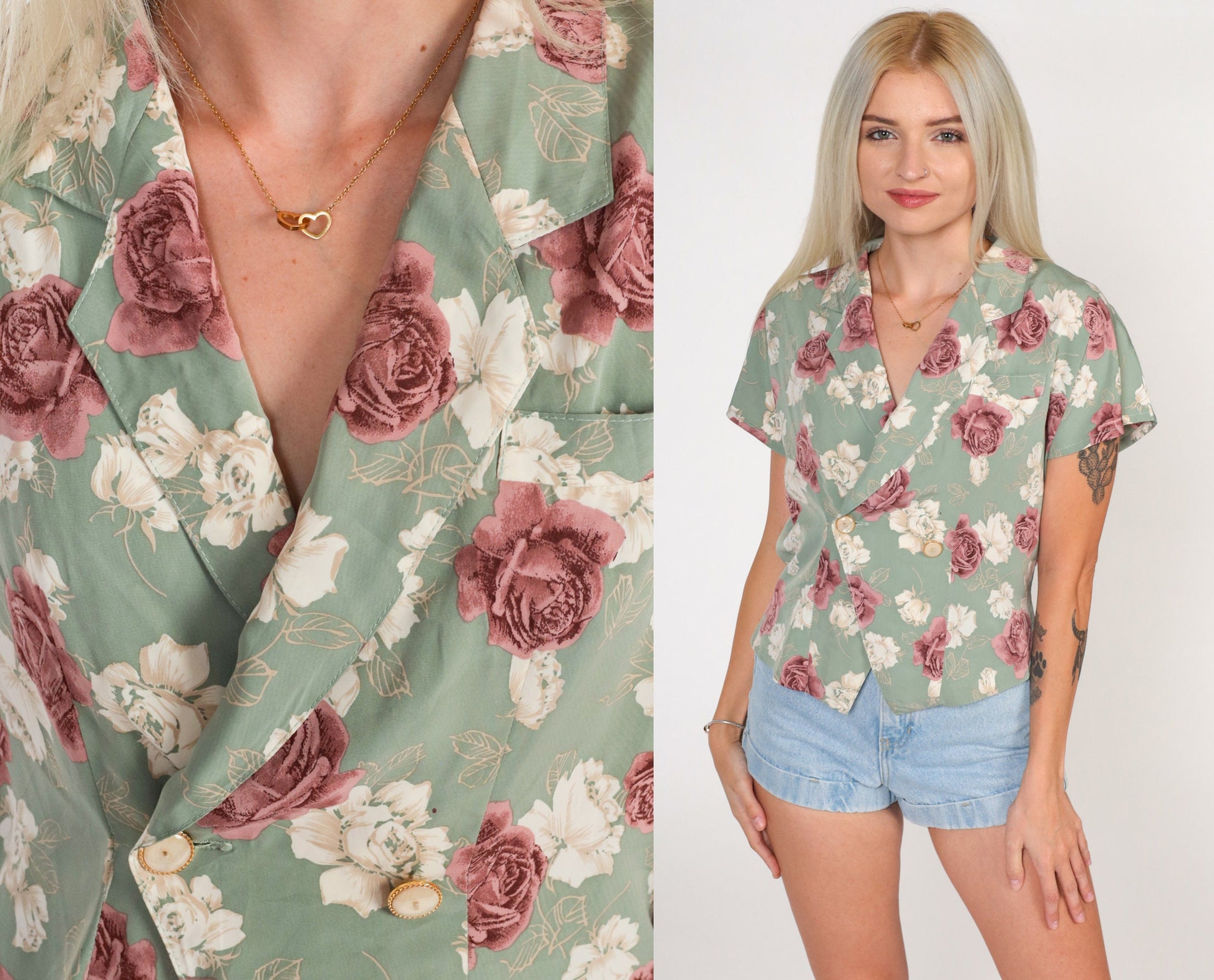 90s Floral Wrap Blouse Green Flower Print Button-Up Cap Sleeve Large