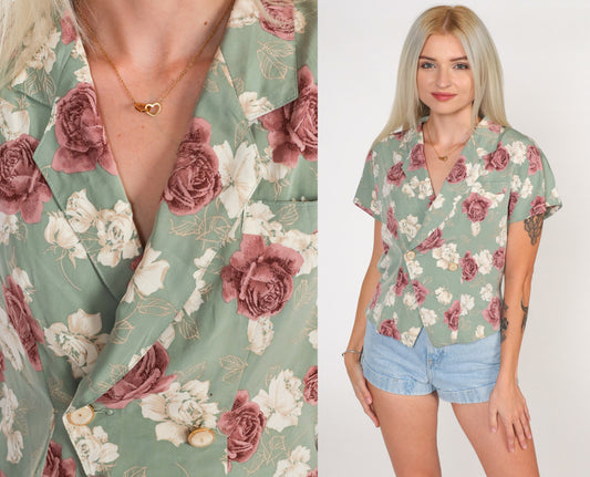 90s Floral Wrap Blouse Green Flower Print Button-Up Cap Sleeve Large