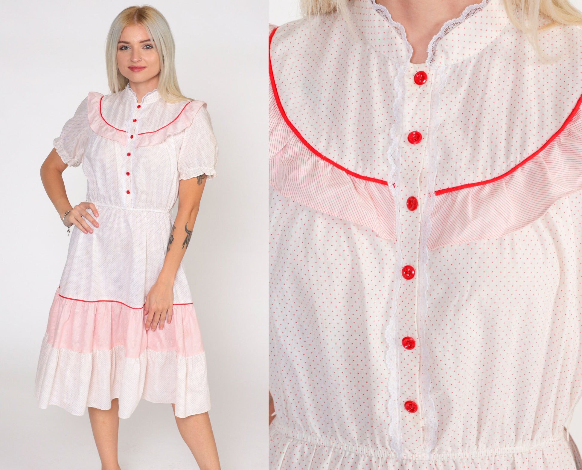 70s White Red Polka Dot Prairie Dress Puff Sleeve High Waist Button Front Small