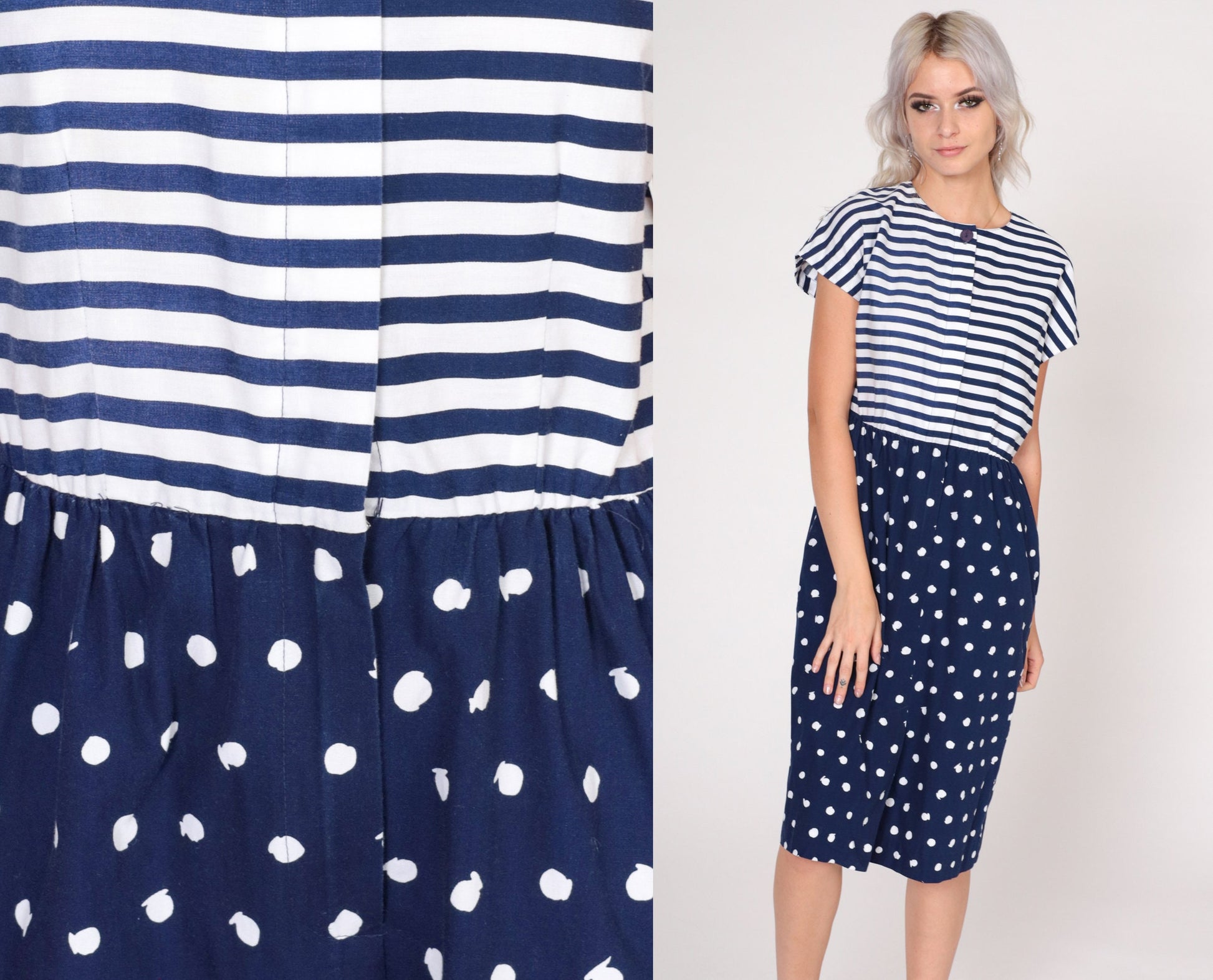 80s California Girl Petites Day Dress Blue White Striped Polka Dot Knee Length Small