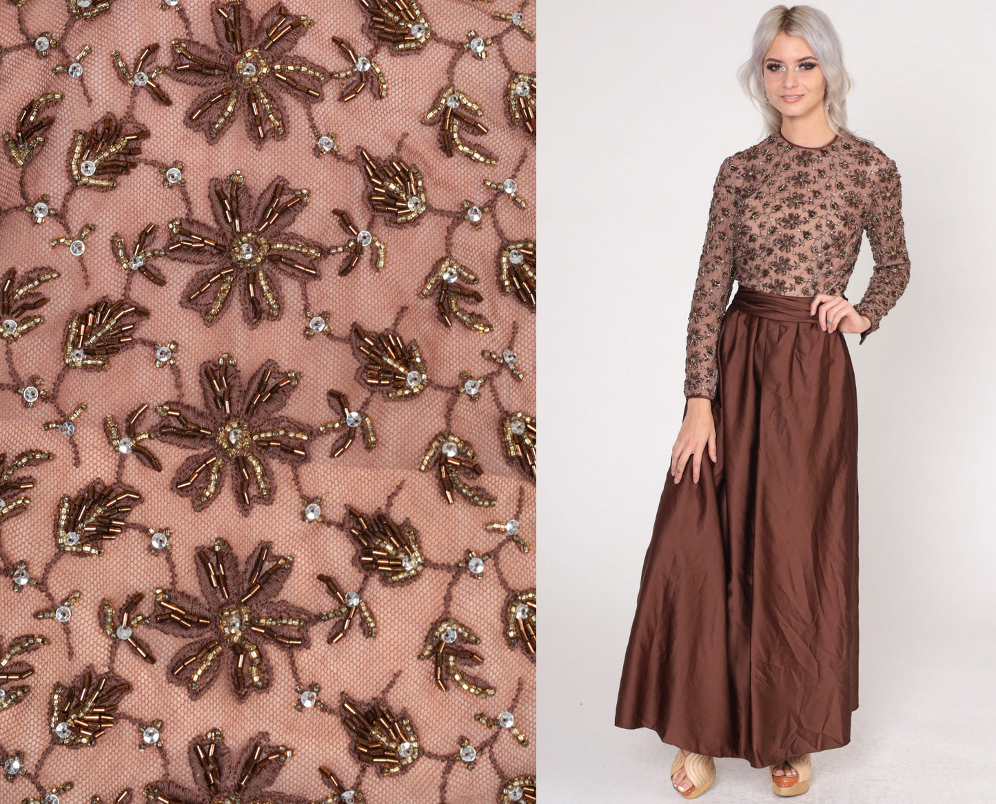 1960s Brown Beaded Floral Maxi Dress Long Sleeve High Waist Small