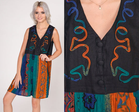90s Black Abstract Striped Mini Dress Button-Up Sleeveless Medium M