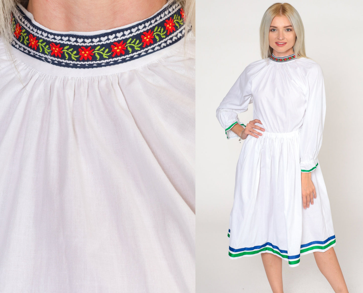 70s White Floral Midi Dress Raglan Sleeve High Waist Cotton Extra Small