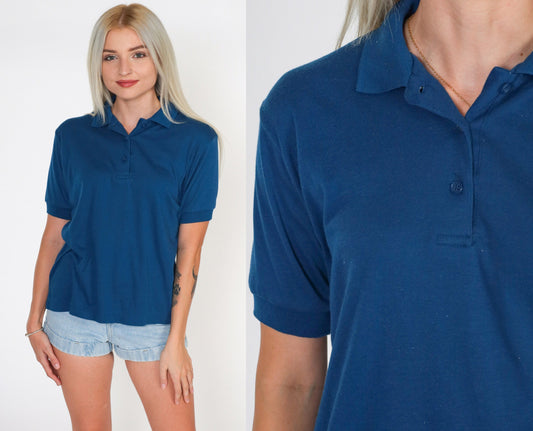 80s Navy Polo Shirt Cotton Blend Short Sleeve Collared Medium