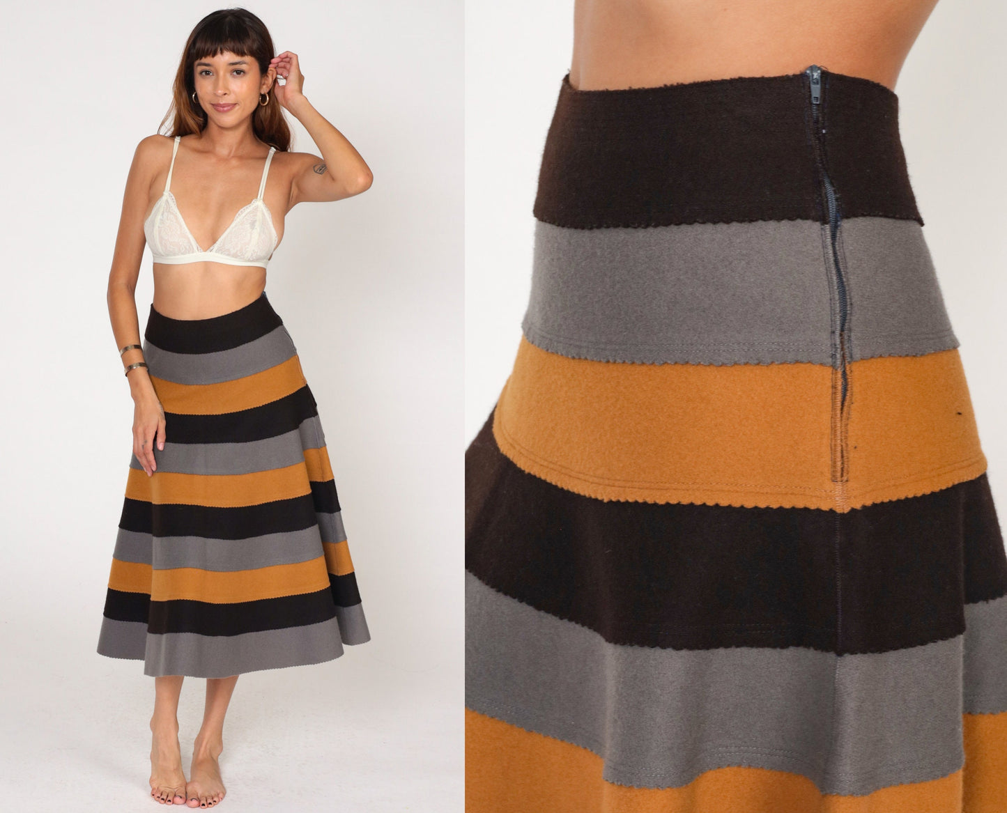 90s Wool Striped Midi Skirt High Waist A-Line Black Brown Grey Medium