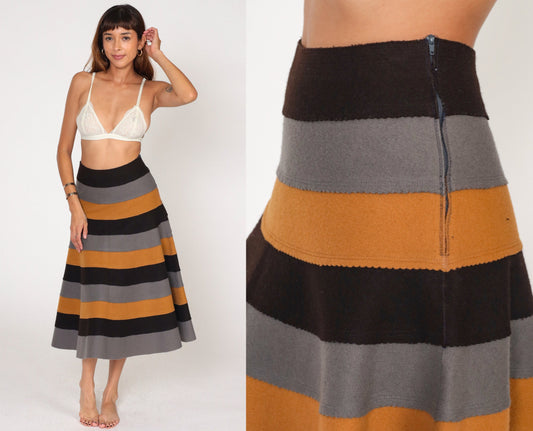 90s Wool Striped Midi Skirt High Waist A-Line Black Brown Grey Medium