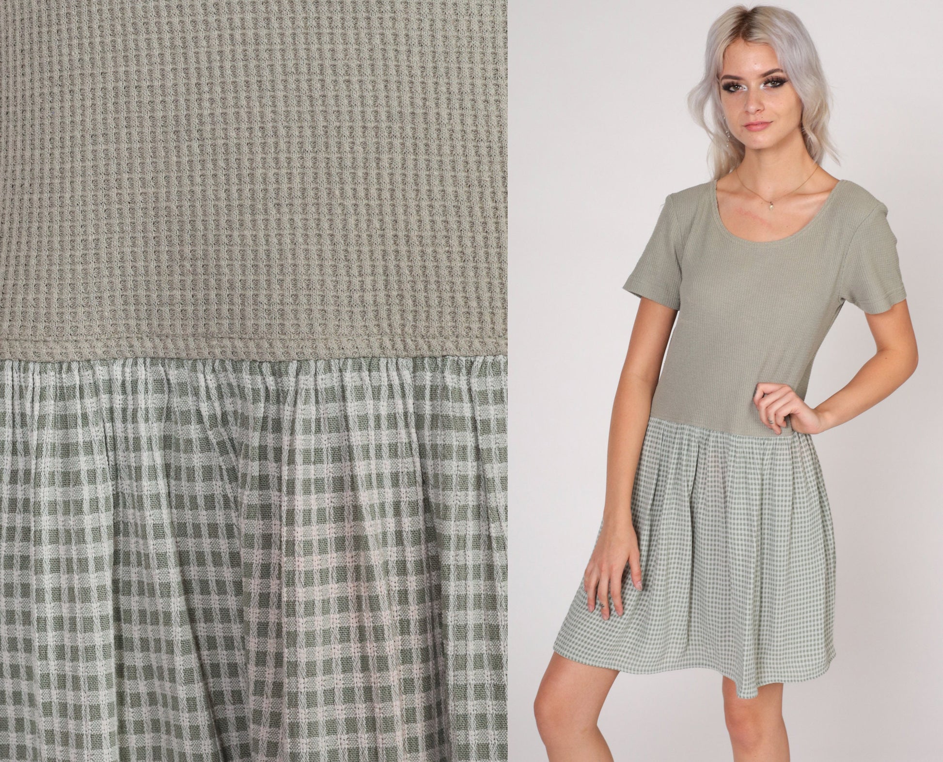 90s All That Jazz Sage Green Waffle Knit Gingham Mini Dress Short Sleeve Large