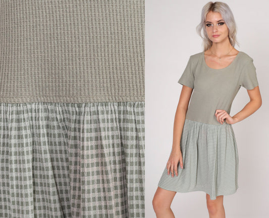 90s All That Jazz Sage Green Waffle Knit Gingham Mini Dress Short Sleeve Large