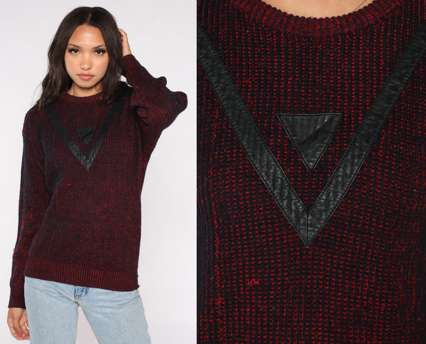 90s Barnaby Geometric Sweater Black Red Leather Chevron Knit Medium