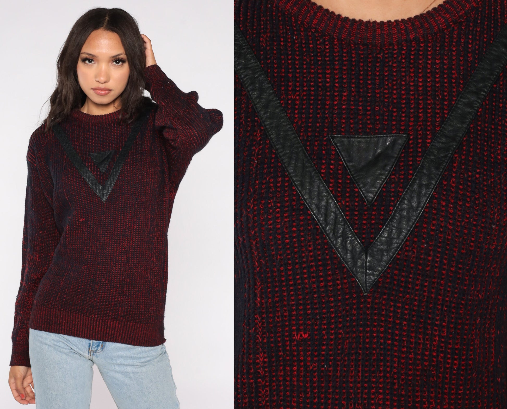 90s Barnaby Geometric Sweater Black Red Leather Chevron Knit Medium