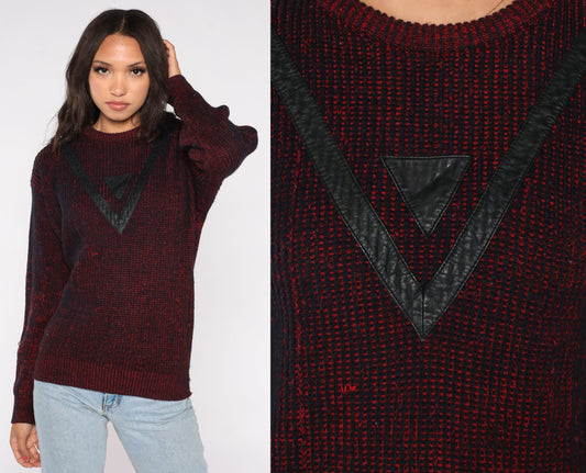 90s Barnaby Geometric Sweater Black Red Leather Chevron Knit Medium