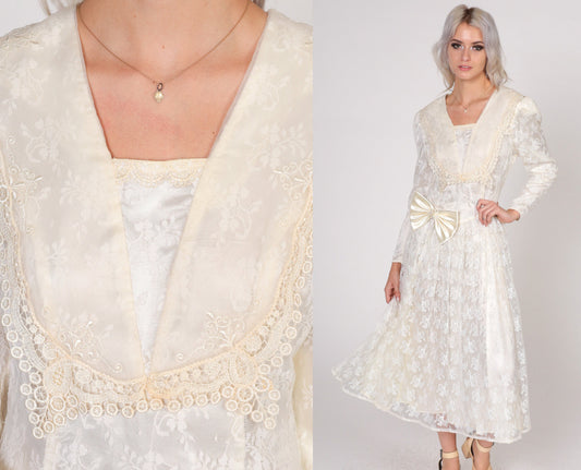 Gunne Sax 80s Cream Lace Midi Dress Pearl Beaded Bow Puff Sleeve Small