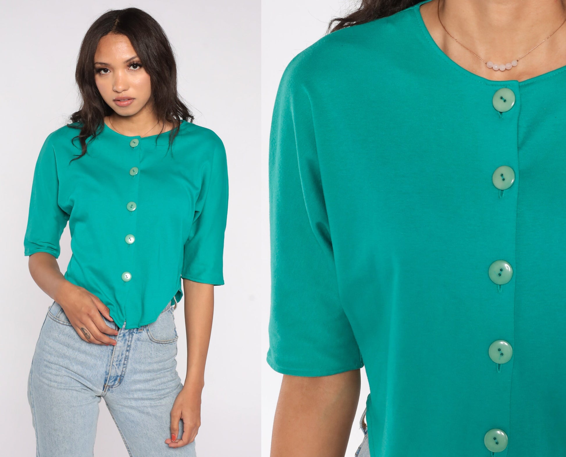 80s Teal Button-Up Crop Top Blouse Short Sleeve High Side Slit Medium Large