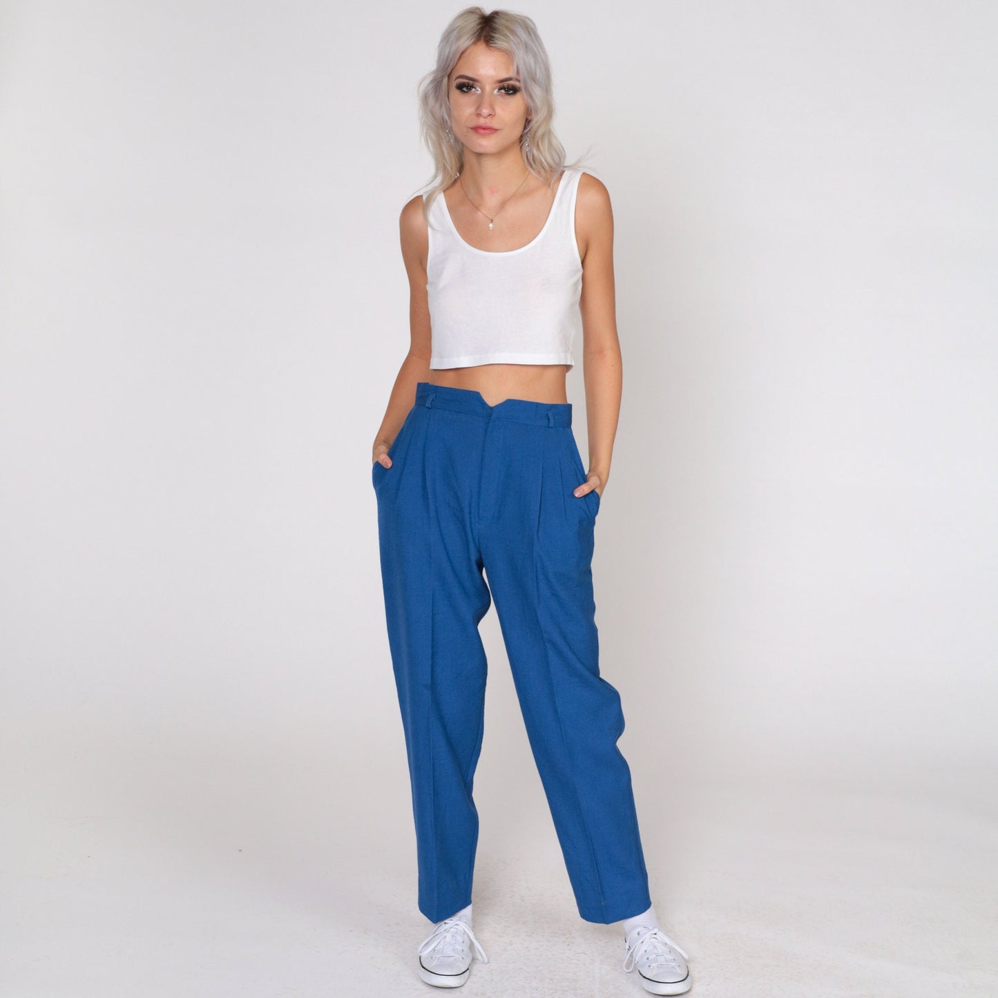 70s Blue Tapered Trousers High Waisted Pleated Pants Small