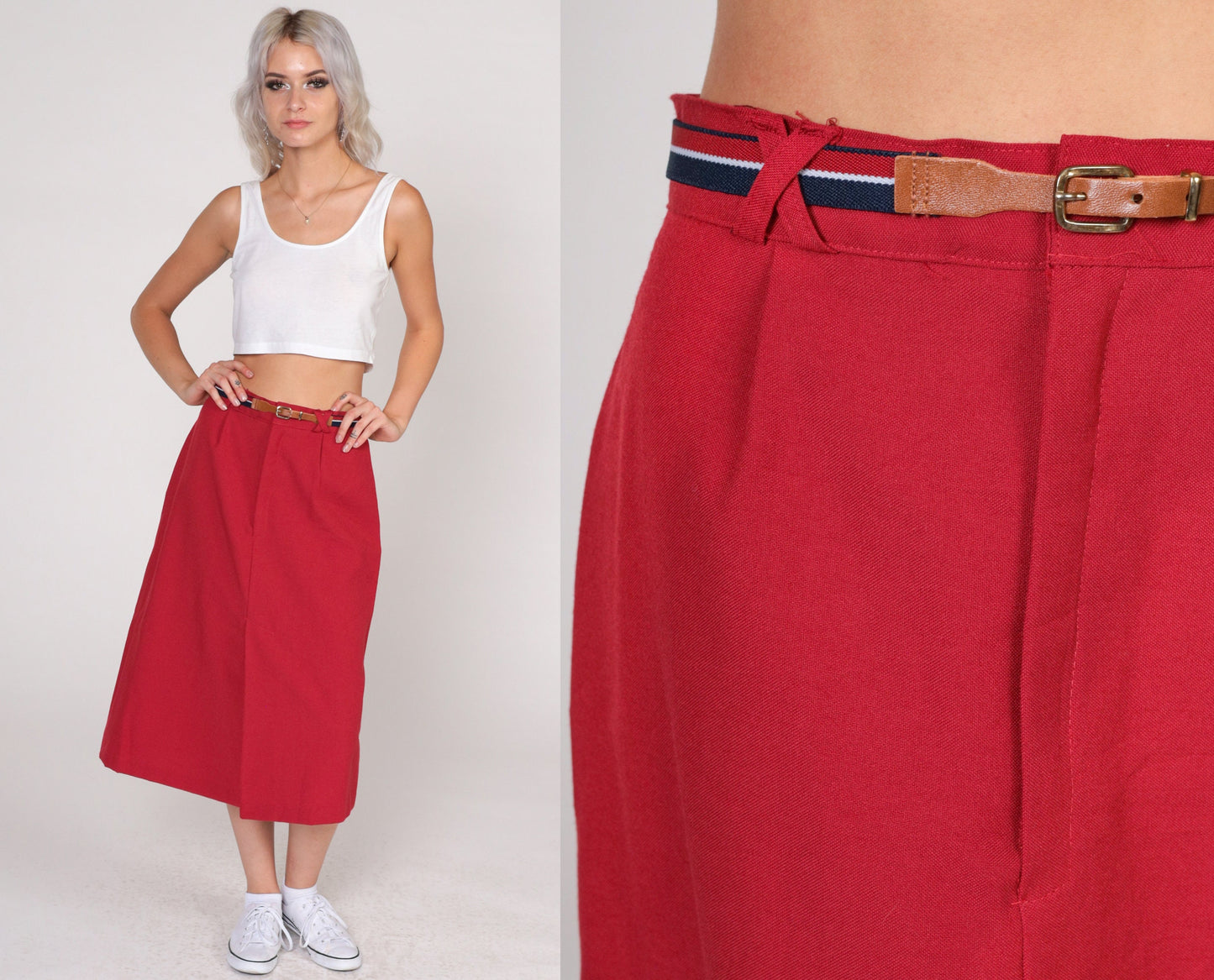 80s Cleveland Street Togs Red Midi Skirt High Waist A-Line Small