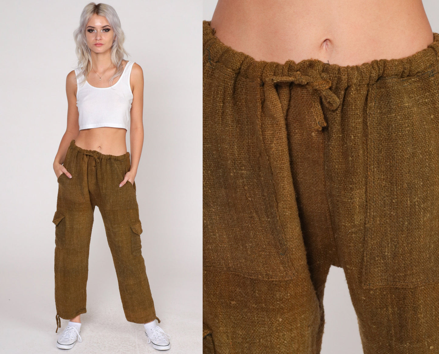 70s Brown Wool Cargo Pants Drawstring Waist Straight Leg Medium Large