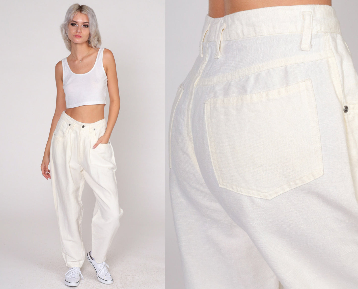 80s Cream Linen Pleated High-Waist Trousers Tapered Leg Small S