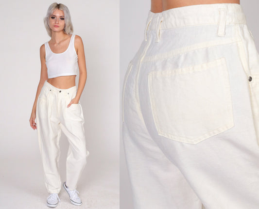 80s Cream Linen Pleated High-Waist Trousers Tapered Leg Small S
