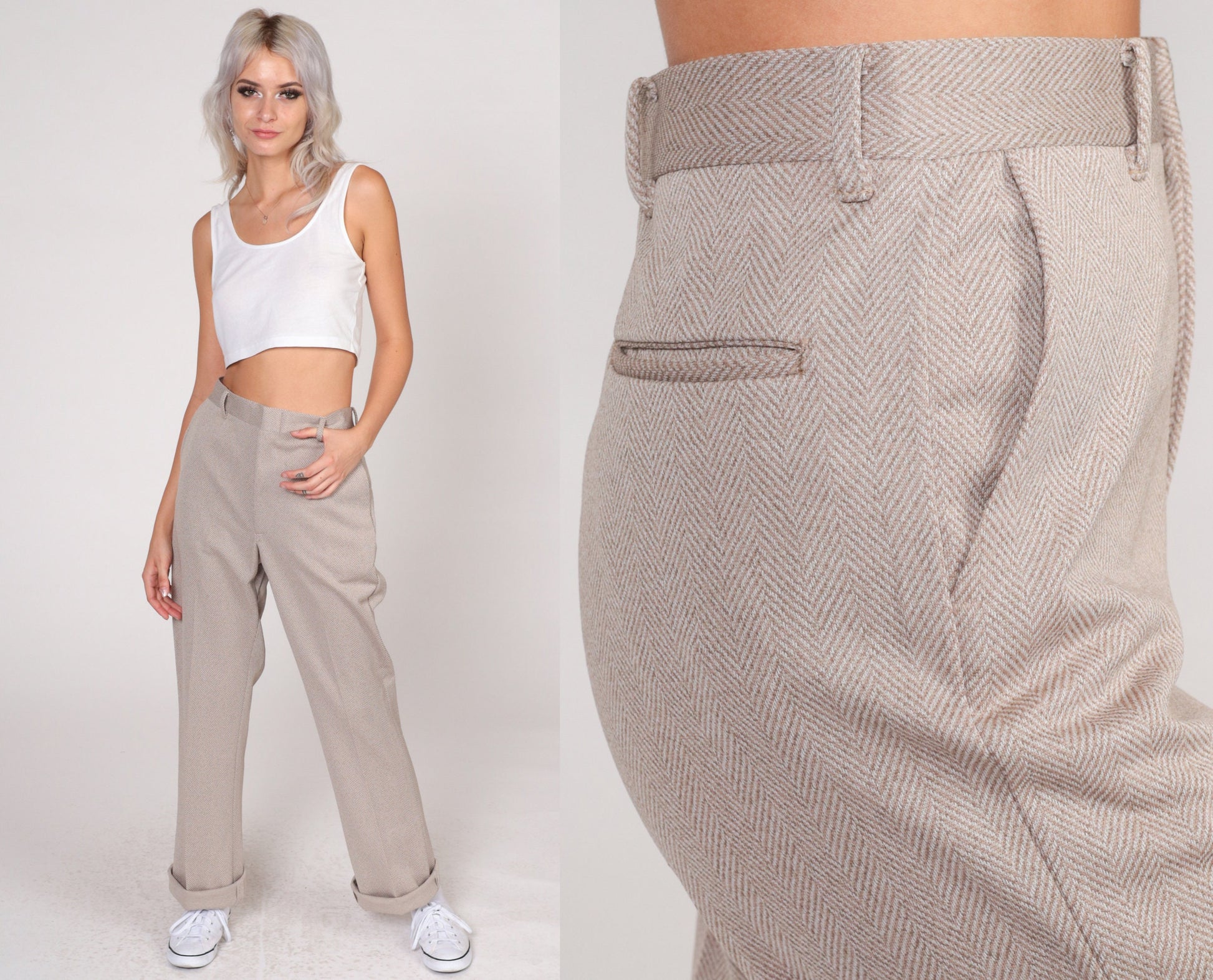 70s Herringbone High-Waisted Straight Trousers Sand Twill Cuffed Medium