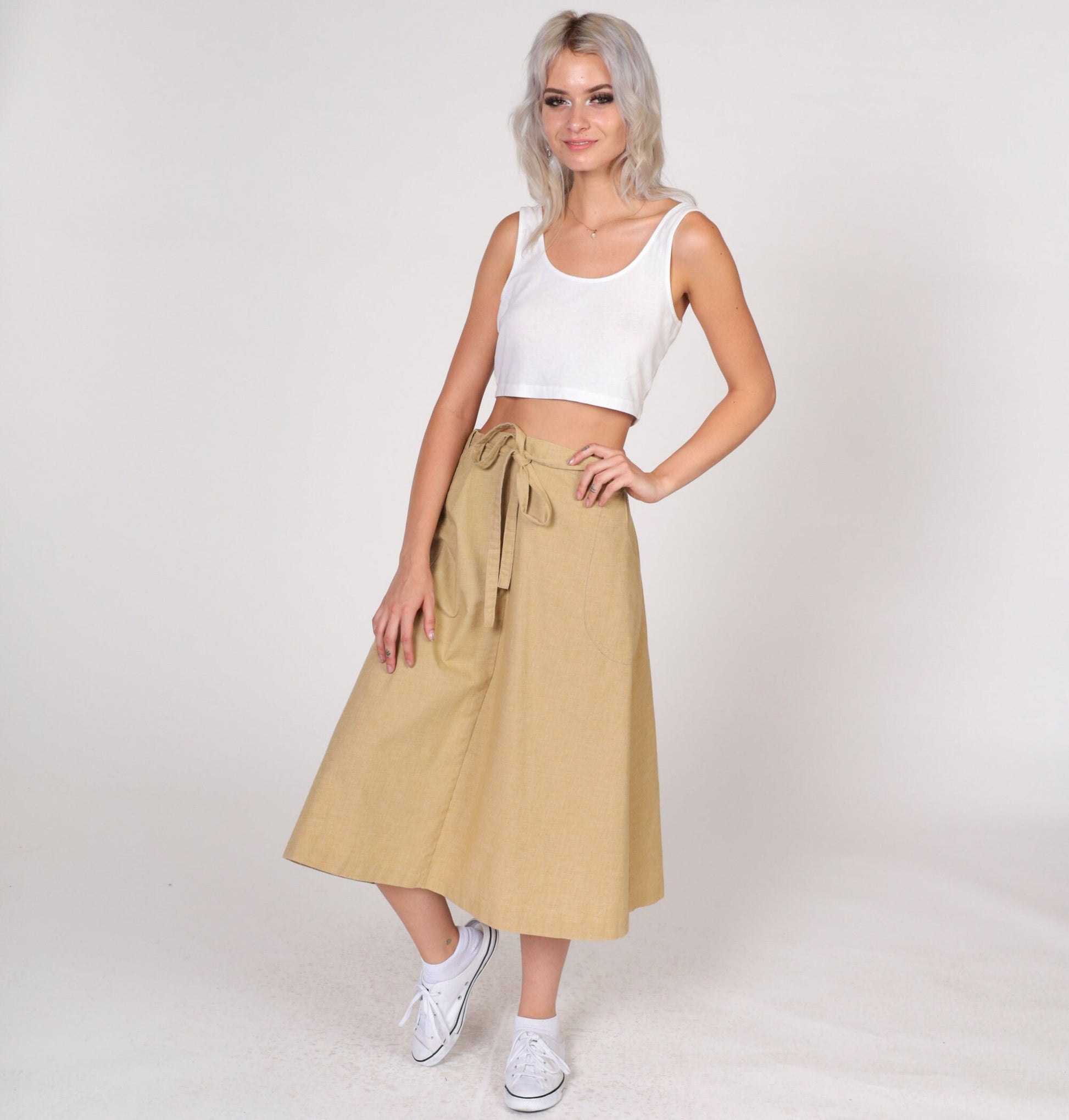 90s Tan Wrap Skirt High Waist Midi Pockets Cotton Medium Large