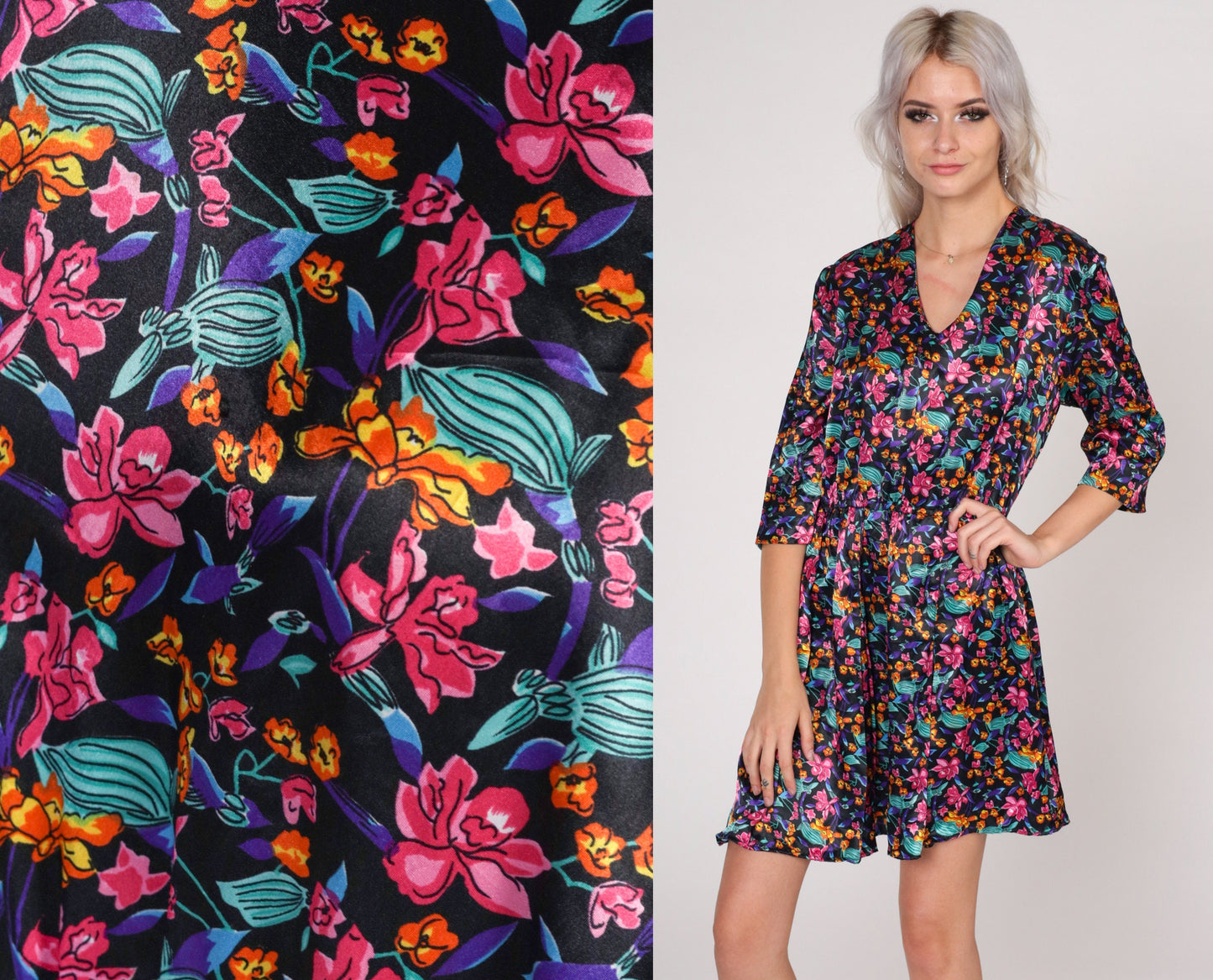 90s Black Floral Satin Mini Dress V-Neck Button Back Medium