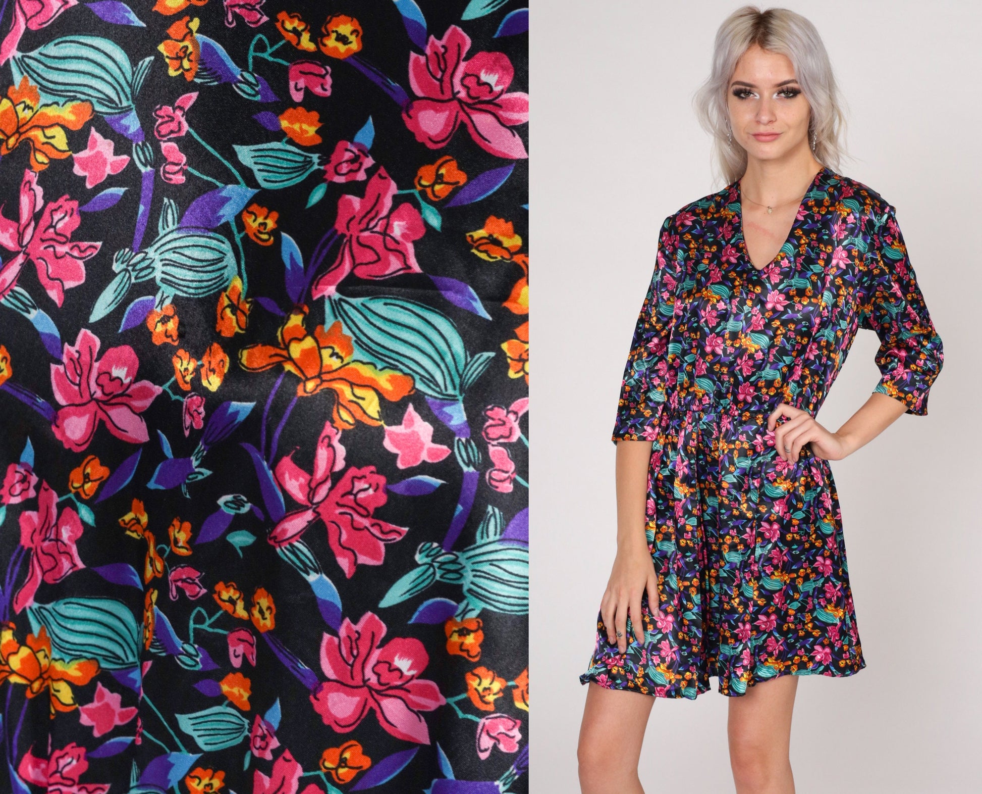 90s Black Floral Satin Mini Dress V-Neck Button Back Medium