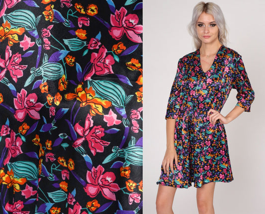 90s Black Floral Satin Mini Dress V-Neck Button Back Medium